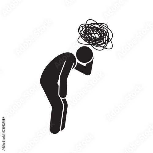 Stressed Stick Figure Icon, Dizzy Person with Headache Symbolizing Anxiety, Burnout, and Mental Health Problems.
