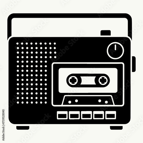 Black and white illustration of the retro cassette recorder icon on a white isolated background. Vector graphics. EPS.