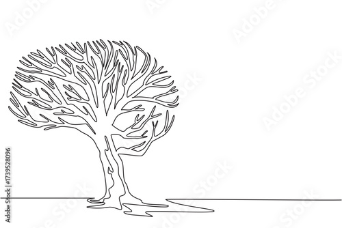 Continuous line drawing of a tree resembling a brain, combining a nature concept with the theme of World Mental Health Day to emphasize awareness lack of healing, and mindful balance for human being.