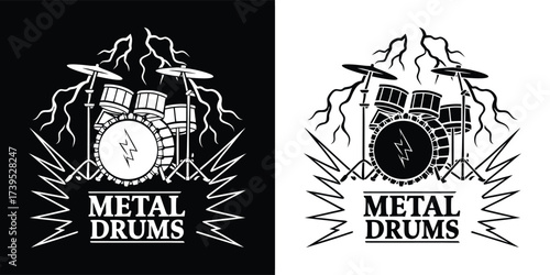 Metal drums with lightning and text, black and white graphic illustration