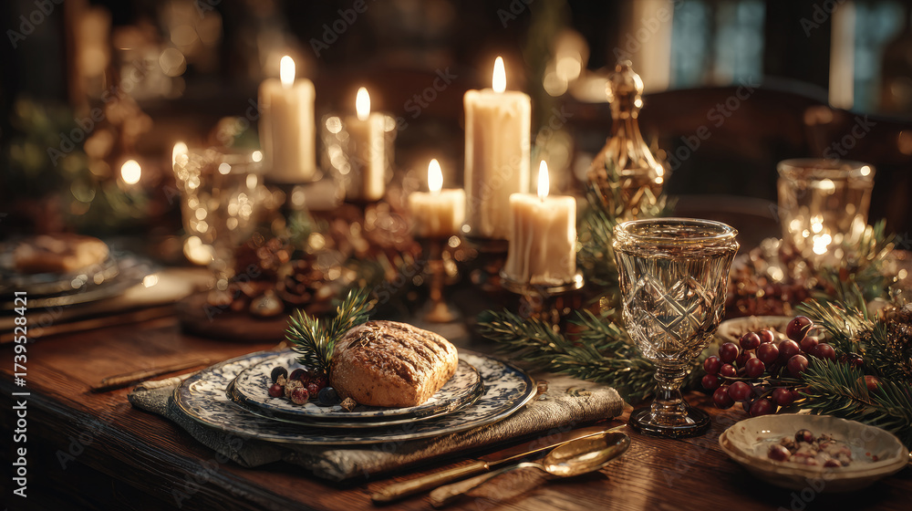 Naklejka premium Candlelight casting soft glow over festive Christmas table, featuring seasonal dishes, sparkling glassware, and rustic decorations setting intimate holiday dining mood
