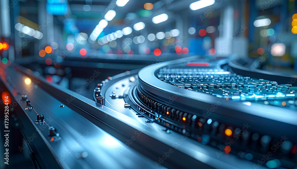 Naklejka premium Industrial Automation: A sleek, high-tech conveyor belt system, aglow with a futuristic ambiance, winds its way through a state-of-the-art industrial facility.