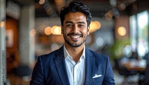 Smiling Man in Navy Blazer and White Shirt in Blurred Office Setting with Bokeh Lighting