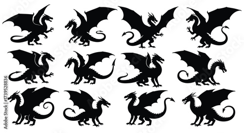 Vector illustration of silhouettes of various dragon poses, showcasing mythical creatures with wings, scales, and tails in a dynamic collection against a plain background