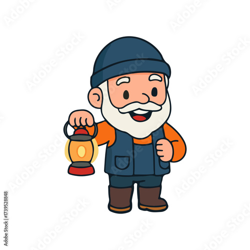 Cute old miner character holding lantern cartoon illustration. Chibi bearded adventurer with lamp mascot design.