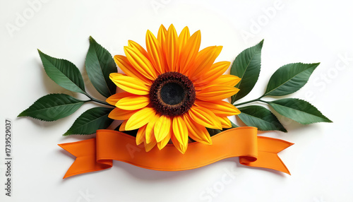 Wallpaper Mural Bright yellow sunflower with green leaves and orange ribbon banner. This floral decoration signifies achievement and celebration for graduates, perfect for invitations and announcements. Torontodigital.ca