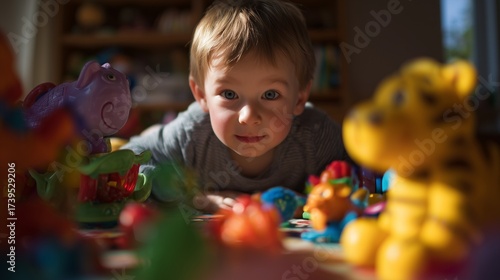 A boy is surrounded by colorful toys on a table, playing in a well-lit room. The boy enjoys the vibrant play area with toys scattered around, creating a playful environment.