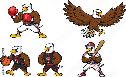 Cartoon eagle sports mascot characters, bald eagle illustration, vector animal design, boxing basketball baseball bird, children’s character art, athletic team logo