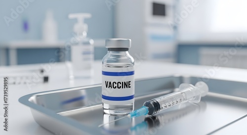 Vaccine vial and syringe on a metal tray in a clinical setting ready for administration of medication