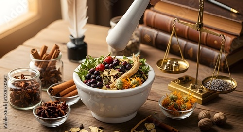 Still life of herbs and spices with mortar pestle scales and books on a wooden table surface