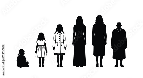 Vector illustration of silhouettes illustrating human life stages from infancy to old age, showing growth and development, isolated on a