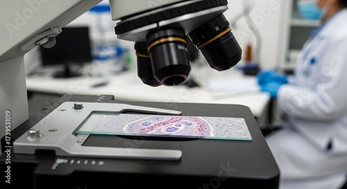 A close up of a microscope examining a sample slide in a medical research laboratory setting today