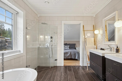 Modern bathroom interior in minimal scandinavian style, 3d render