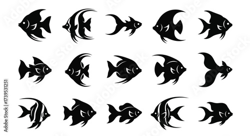 Vector illustration of collection of black silhouette icons depicting various types of fish swimming