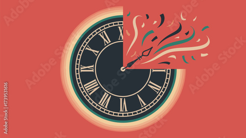 Clock face with roman numerals and confetti on a red background representing new year celebration time
