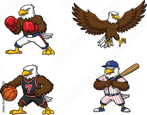 Cartoon eagle sports mascot characters, bald eagle illustration, vector animal design, boxing basketball baseball bird, children’s character art, athletic team logo
