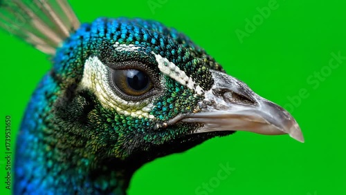 Close-Up of a Vibrant Peacock Head Against a Green Background