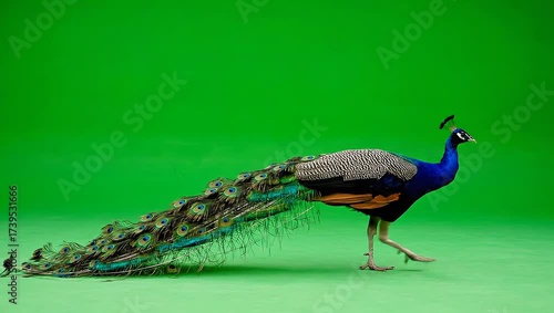 Peacock Strut A Vibrant Bird Walking Against Green Screen Backdrop
