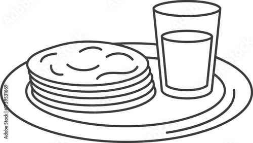 A simple line drawing of a stack of pancakes or crepes served on a plate with a glass of milk.
