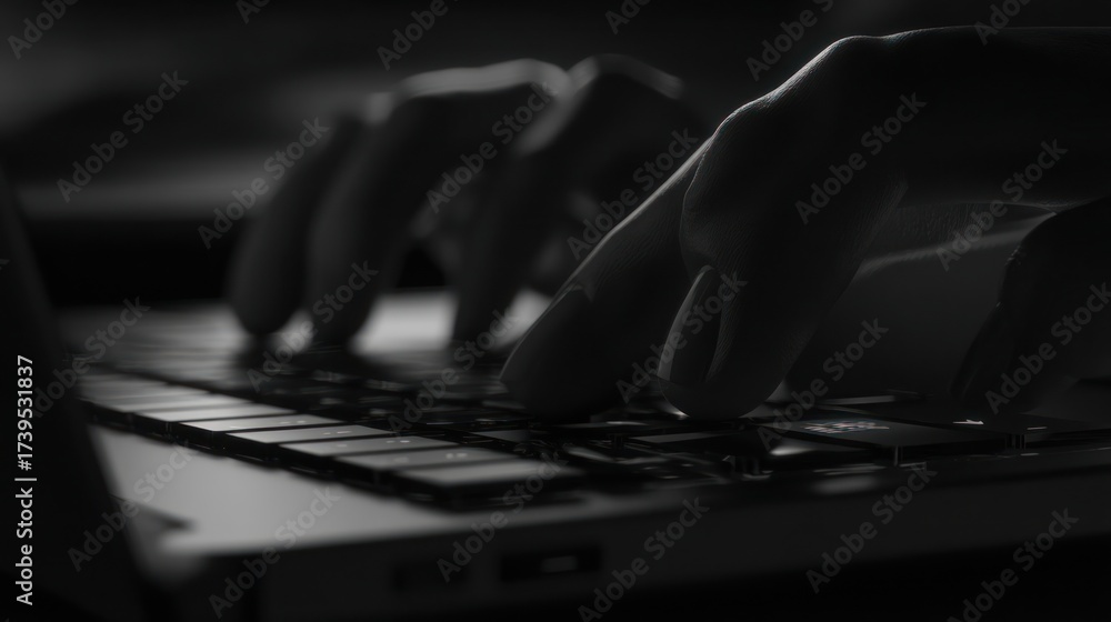 Fototapeta premium Hands typing on keyboard in a dimly lit environment technology concept