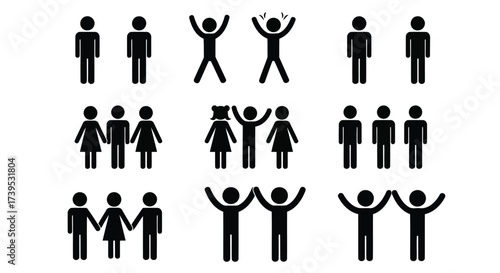 Vector illustration of set of simple stick figure icons representing people in various poses and groups