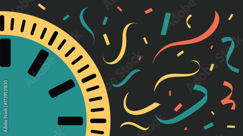 A clock face with black hands and yellow rim with confetti on a dark background for new year celebration