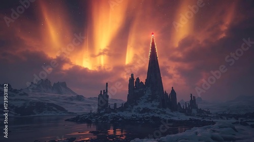 An epic and dramatic scene of a ruined, spire-like fortress or castle in a dark, snowy wasteland, illuminated by a brilliant orange and yellow Aurora Borealis