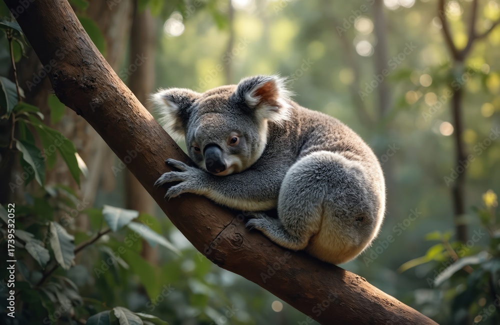 Fototapeta premium Fluffy koala rests on tree branch within lush forest habitat. Grey marsupial clings securely, enjoying peaceful moment among green foliage. Wildlife photo shows adorable animal in natural setting.