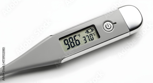 Close up of a digital thermometer displaying a temperature of ninety eight point six degrees fahrenheit