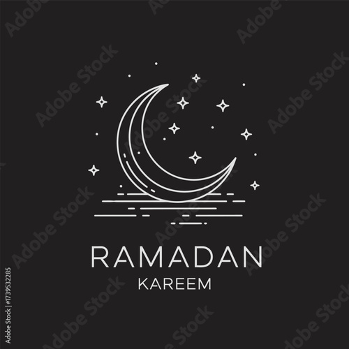 Elegant minimalist Ramadan Kareem design featuring a crescent moon, stars, and water lines.