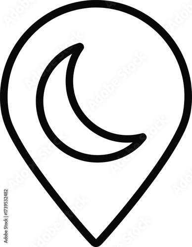 A minimalist line art icon of a map pin with a crescent moon inside, representing a nighttime location.