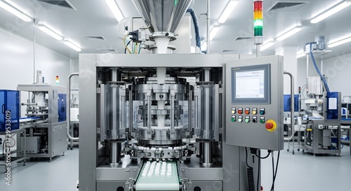 A pharmaceutical production line with automated machinery in a clean sterile environment setting