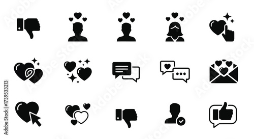 Vector illustration of collection of social media icons and symbols representing likes, dislikes, hearts, comments, and user profiles