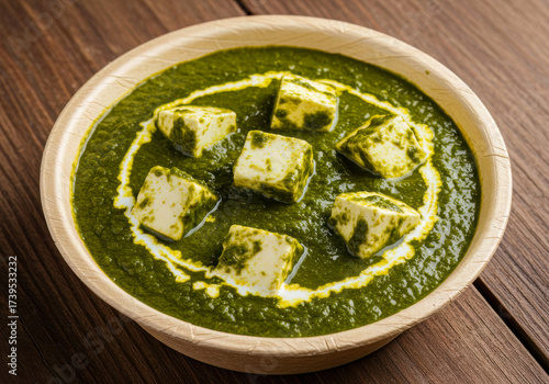 A delicious Indian Palak Paneer curry, featuring soft paneer cheese cubes in vibrant green, mildly spiced spinach gravy, served in a natural bowl on a rustic wooden background.