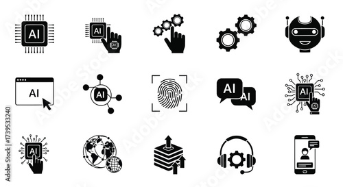 Vector illustration of set of artificial intelligence and technology icons, including ai chip, robot, fingerprint, and network