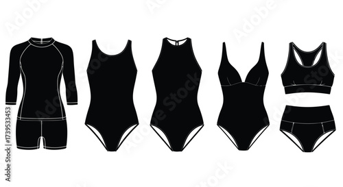 Vector illustration of set of black silhouette icons for womens swimwear and rash guard, including onepiece swimsuits, bikini, and a longsleeved rash guard with shorts