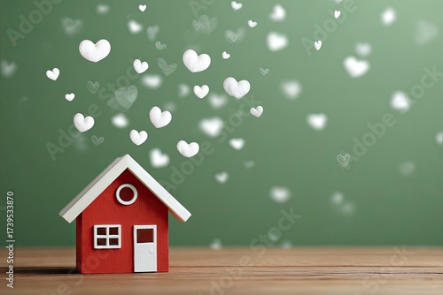 A red miniature house with a white roof and a door is beneath falling white hearts on a green backdrop