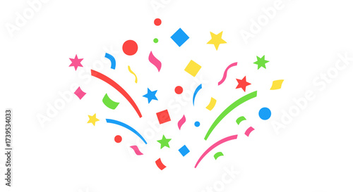 Vibrant confetti burst with stars, circles, squares and ribbons against white backdrop providing