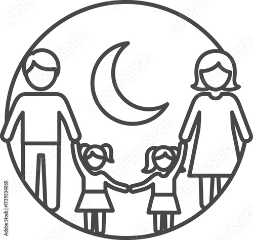 Line art icon of a family with two daughters holding hands under a crescent moon, symbolizing night and togetherness.
