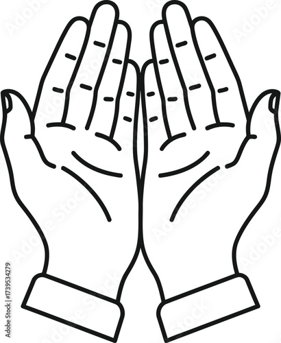 A simple black and white line drawing of two open hands held upwards in a gesture of prayer or supplication.