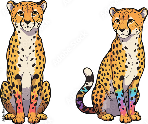 Cheetah cartoon illustration, colorful cheetah mascot, artistic wild cat character, fantasy animal artwork, vector cartoon, wildlife design, jungle theme
