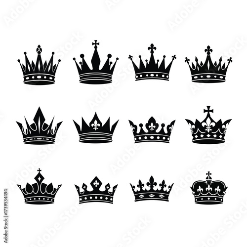 Vector illustration of collection of twelve black silhouette royal crowns of various designs