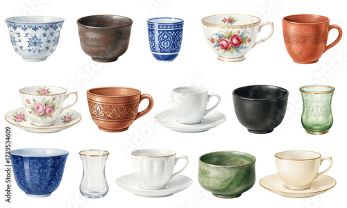 Diverse Watercolor Tea Cups and Mugs Set