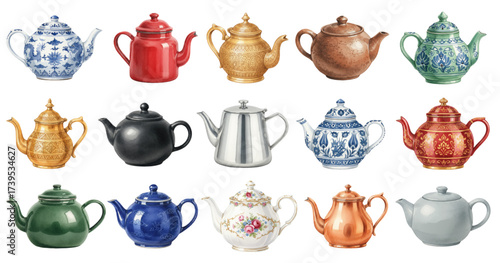 Diverse Watercolor Teapots Collection
