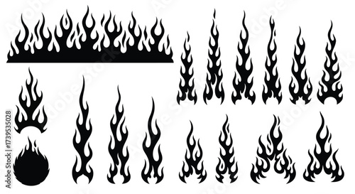 Vector illustration of collection of black flame graphic elements and fire icons