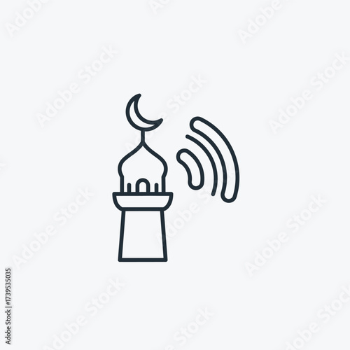 Outline icon of a minaret with a crescent moon and broadcast signal waves, symbolizing religious communication.