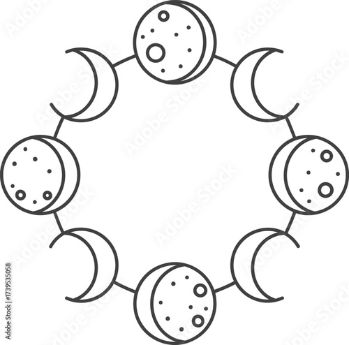 Circular illustration depicting the phases of the moon, showcasing celestial cycles and astronomical phenomena.