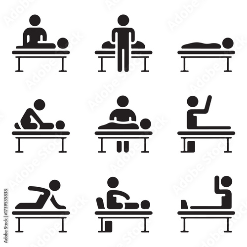 Massage therapy silhouette vector set with spa, relaxation and physiotherapy icons for wellness and healthcare design