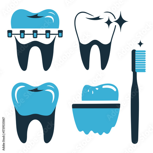 Orthodontic dental care vector set with braces, tooth cleaning and oral hygiene icons for dentist and healthcare design