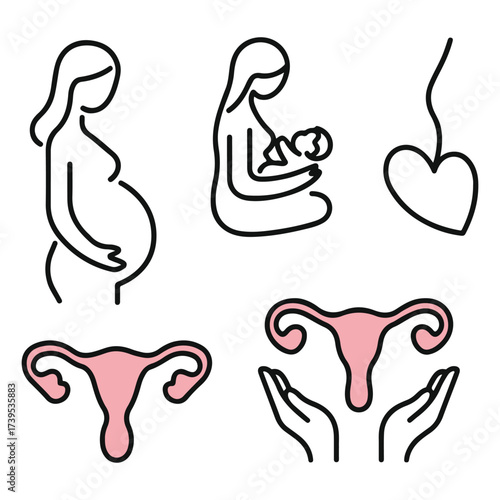 Pregnancy and motherhood silhouette vector set with pregnant women, uterus, baby care and maternal health icons